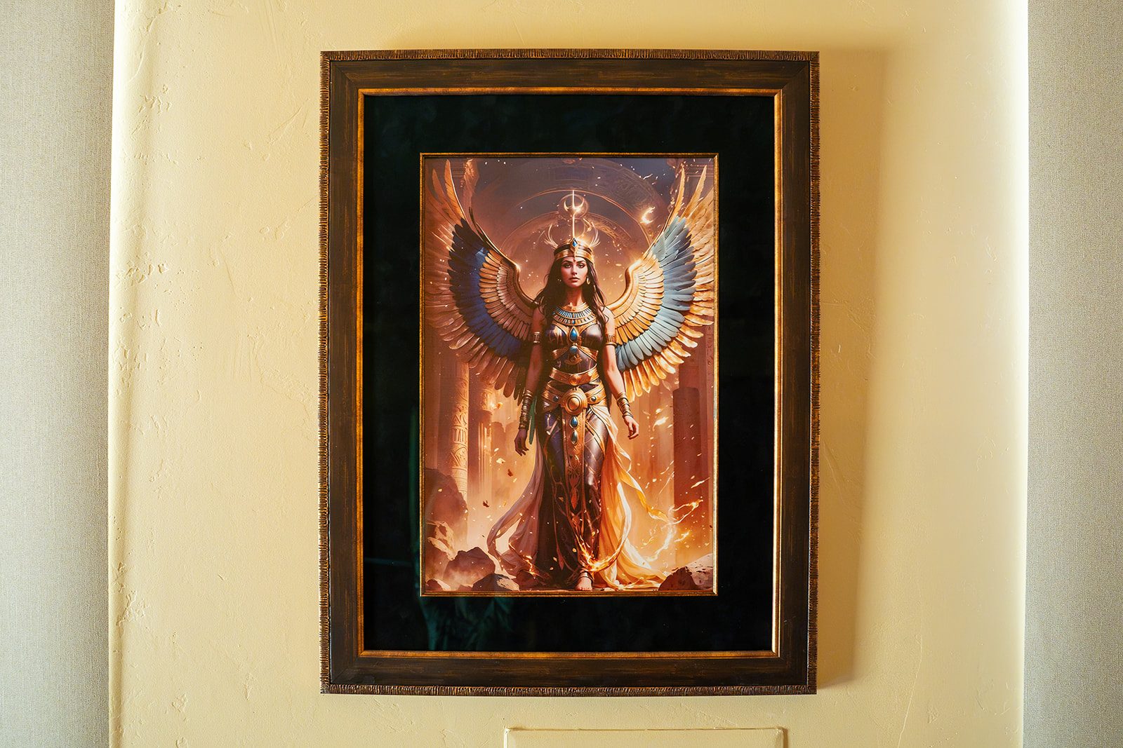 A framed painting of Isis with wings spread