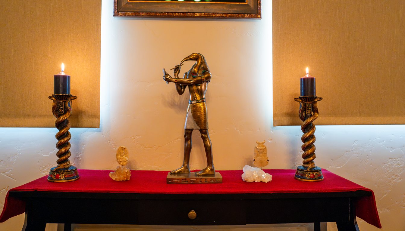 Two candles burning either side of the Thoth statue on the temple altar